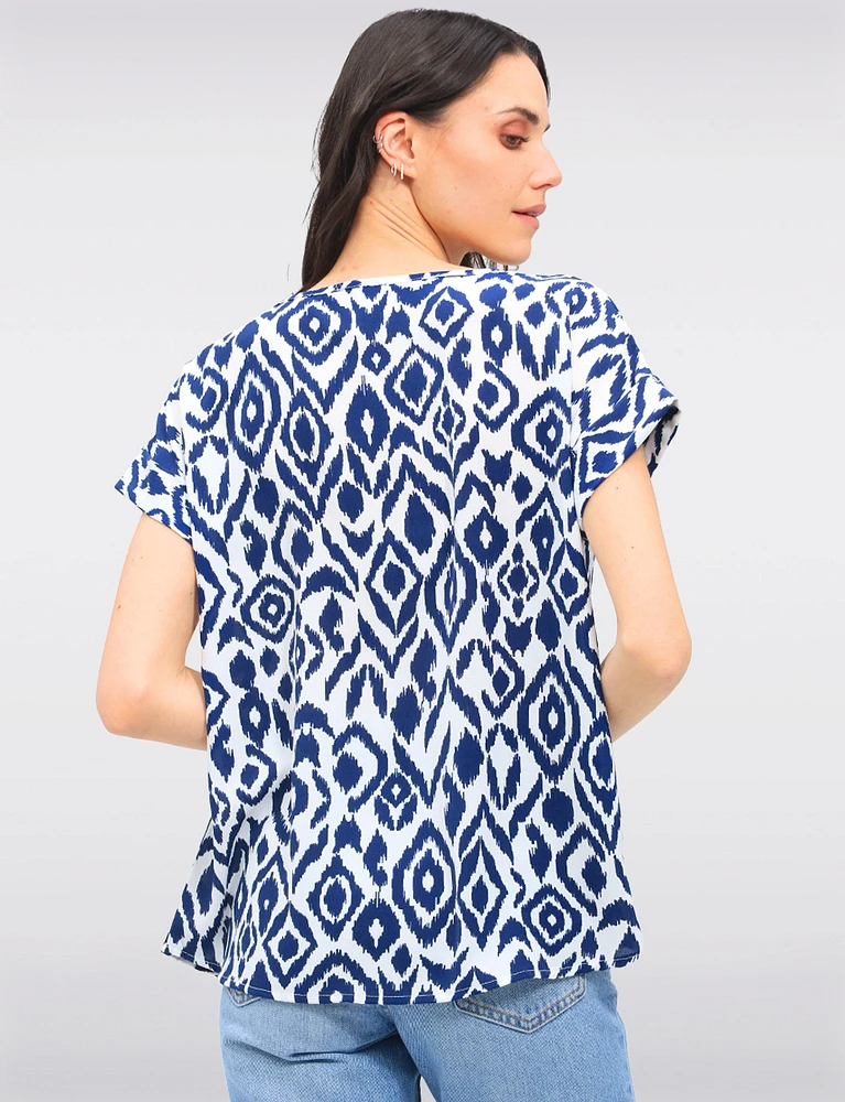 Flowy Abstract Printed Top With Cap Sleeves & Fold-Over Cuffs by Ninety