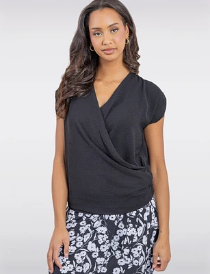 Flowy Open Crossover Sleeveless Top with Draped Front and Ruched Hem by Ninety