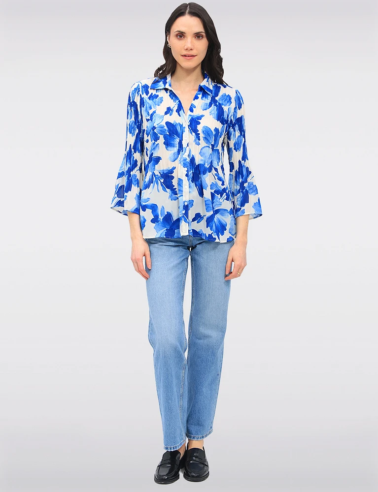 Pleated Button-Down Shirt Vibrant Print with Elegant Flared Sleeves by Ninety