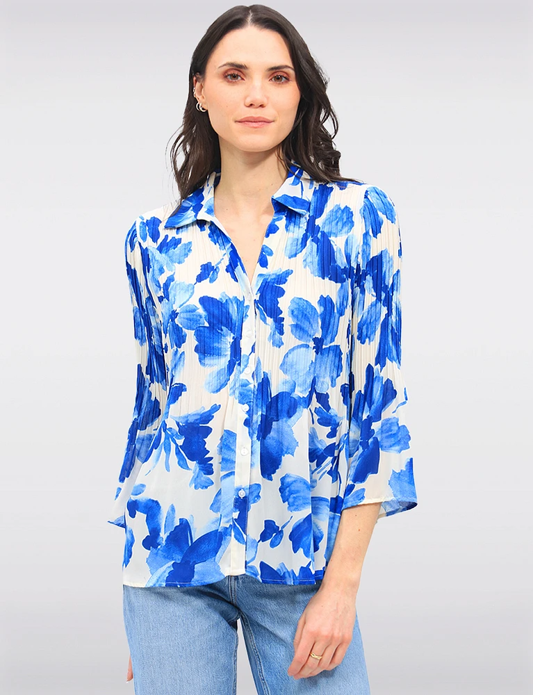 Pleated Button-Down Shirt Vibrant Print with Elegant Flared Sleeves by Ninety