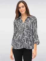 Pleated Button-Down Shirt Chic B&W Print & Elegant Flared Sleeves by Ninety