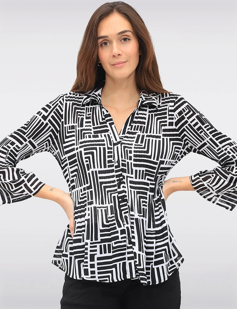 Pleated Button-Down Shirt Chic B&W Print & Elegant Flared Sleeves by Ninety