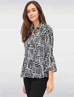 Pleated Button-Down Shirt Chic B&W Print & Elegant Flared Sleeves by Ninety