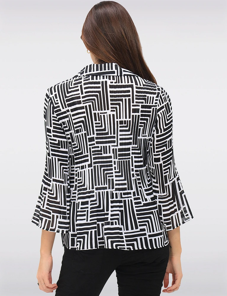 Pleated Button-Down Shirt Chic B&W Print & Elegant Flared Sleeves by Ninety