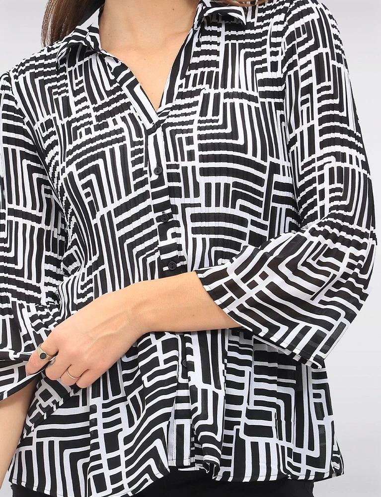Pleated Button-Down Shirt Chic B&W Print & Elegant Flared Sleeves by Ninety