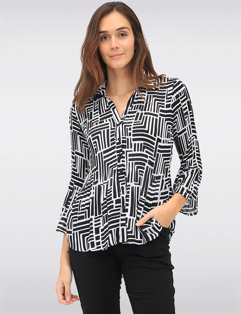 Pleated Button-Down Shirt Chic B&W Print & Elegant Flared Sleeves by Ninety