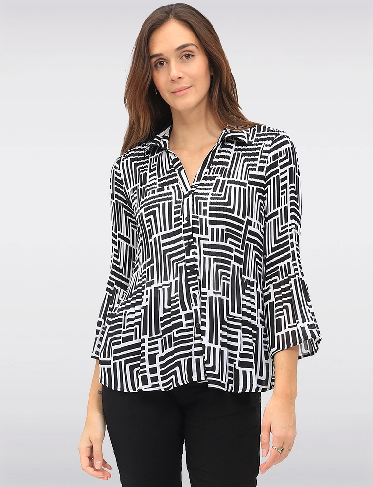 Pleated Button-Down Shirt Chic B&W Print & Elegant Flared Sleeves by Ninety