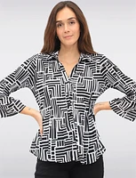 Pleated Button-Down Shirt Chic B&W Print & Elegant Flared Sleeves by Ninety