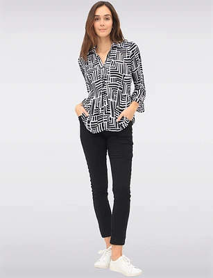 Pleated Button-Down Shirt Chic B&W Print & Elegant Flared Sleeves by Ninety