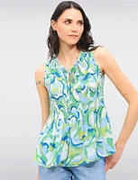 Vibrant Print Sleeveless Top With Pleated Flared Hem & Ruffled Collar by Ninety
