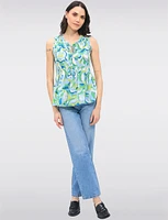 Vibrant Print Sleeveless Top With Pleated Flared Hem & Ruffled Collar by Ninety