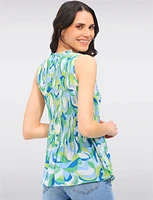Vibrant Print Sleeveless Top With Pleated Flared Hem & Ruffled Collar by Ninety