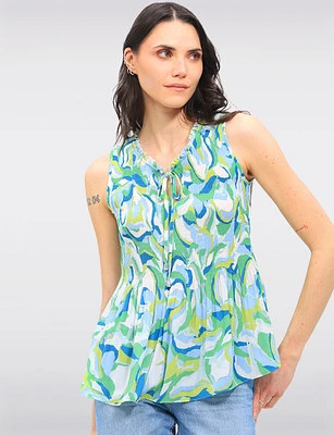 Vibrant Print Sleeveless Top With Pleated Flared Hem & Ruffled Collar by Ninety