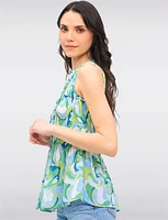 Vibrant Print Sleeveless Top With Pleated Flared Hem & Ruffled Collar by Ninety