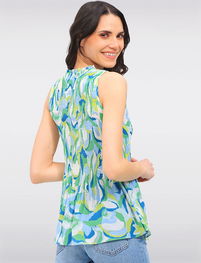 Vibrant Print Sleeveless Top With Pleated Flared Hem & Ruffled Collar by Ninety