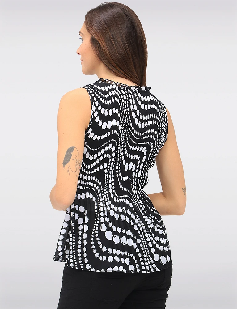 Abstract Print Sleeveless Top With Pleated Flared Hem & Ruffled Collar by Ninety