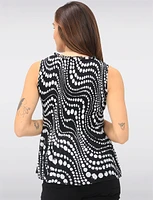 Abstract Print Sleeveless Top With Pleated Flared Hem & Ruffled Collar by Ninety
