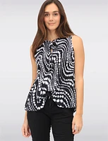 Abstract Print Sleeveless Top With Pleated Flared Hem & Ruffled Collar by Ninety