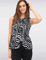 Abstract Print Sleeveless Top With Pleated Flared Hem & Ruffled Collar by Ninety