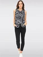 Abstract Print Sleeveless Top With Pleated Flared Hem & Ruffled Collar by Ninety