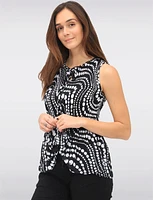 Abstract Print Sleeveless Top With Pleated Flared Hem & Ruffled Collar by Ninety