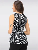 Abstract Print Sleeveless Top With Pleated Flared Hem & Ruffled Collar by Ninety