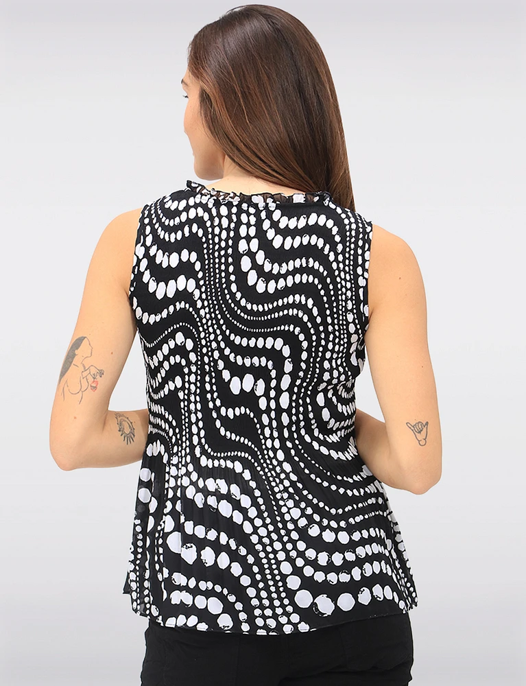 Abstract Print Sleeveless Top With Pleated Flared Hem & Ruffled Collar by Ninety