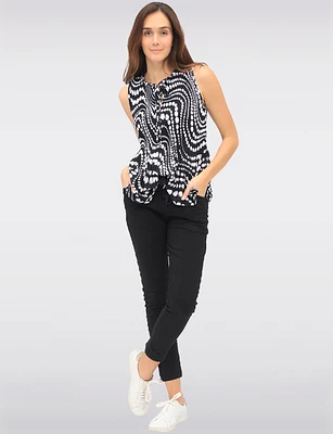 Abstract Print Sleeveless Top With Pleated Flared Hem & Ruffled Collar by Ninety