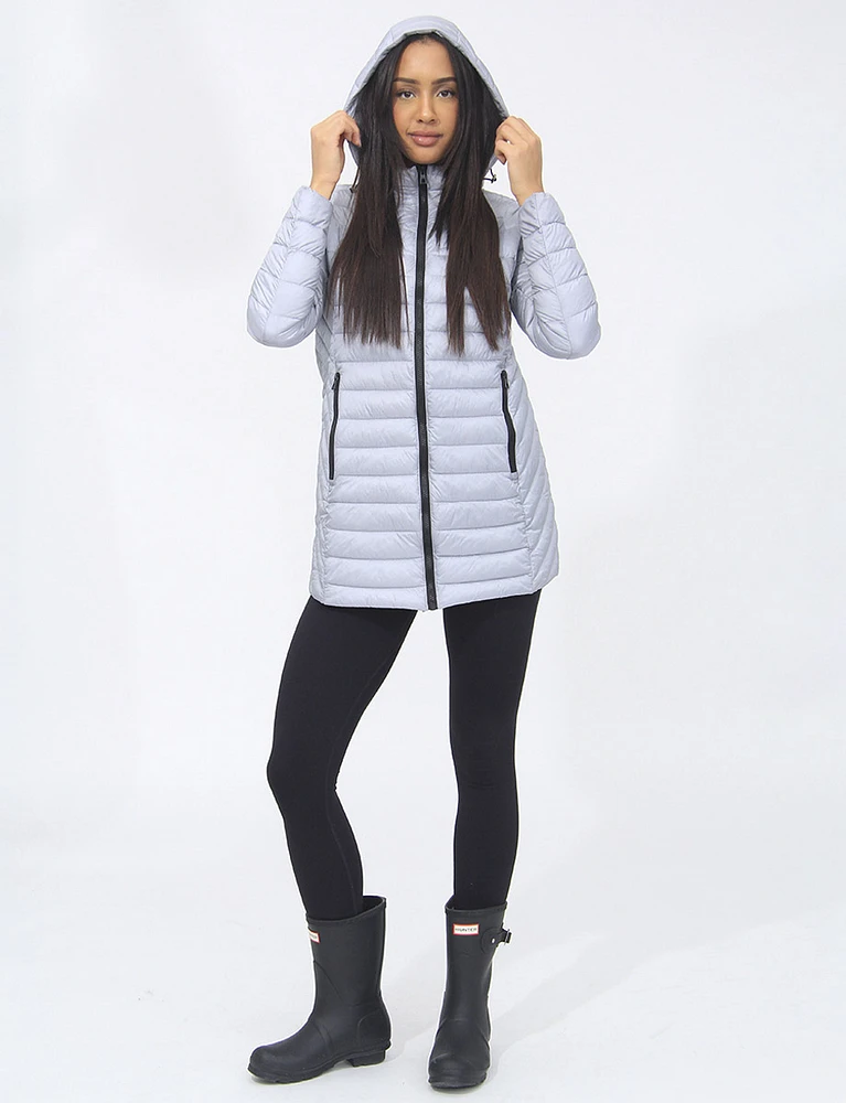 Vegan Lightweight Multi-Quilt Design Long Hooded Puffer Jacket by Saki