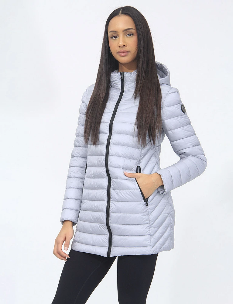 Vegan Lightweight Multi-Quilt Design Long Hooded Puffer Jacket by Saki