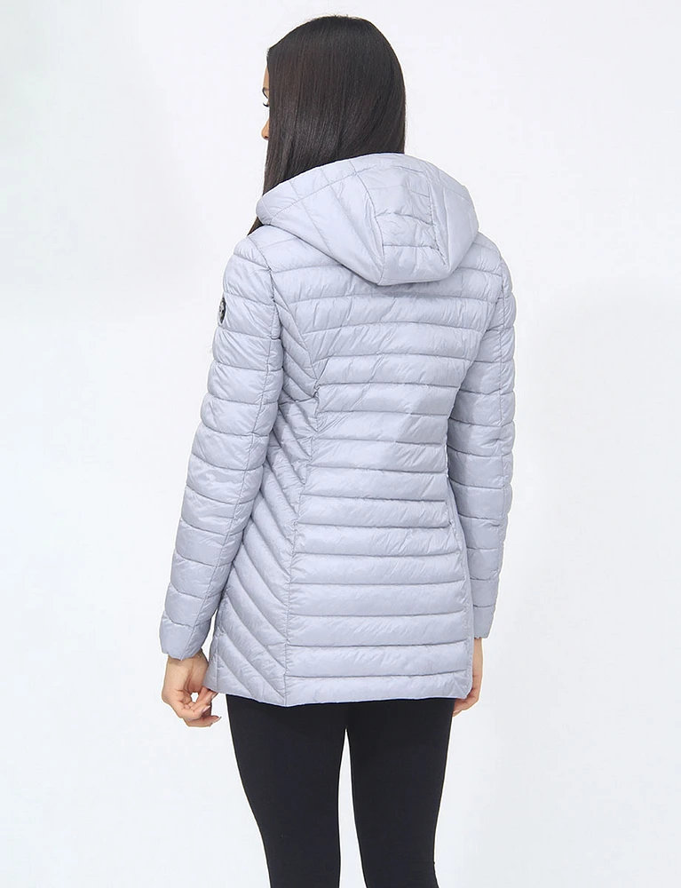 Vegan Lightweight Multi-Quilt Design Long Hooded Puffer Jacket by Saki