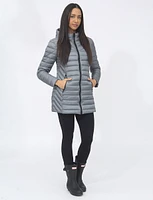Vegan Lightweight Multi-Quilt Design Long Hooded Puffer Jacket by Saki