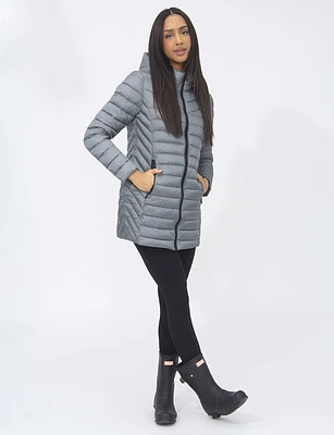 Vegan Lightweight Multi-Quilt Design Long Hooded Puffer Jacket by Saki