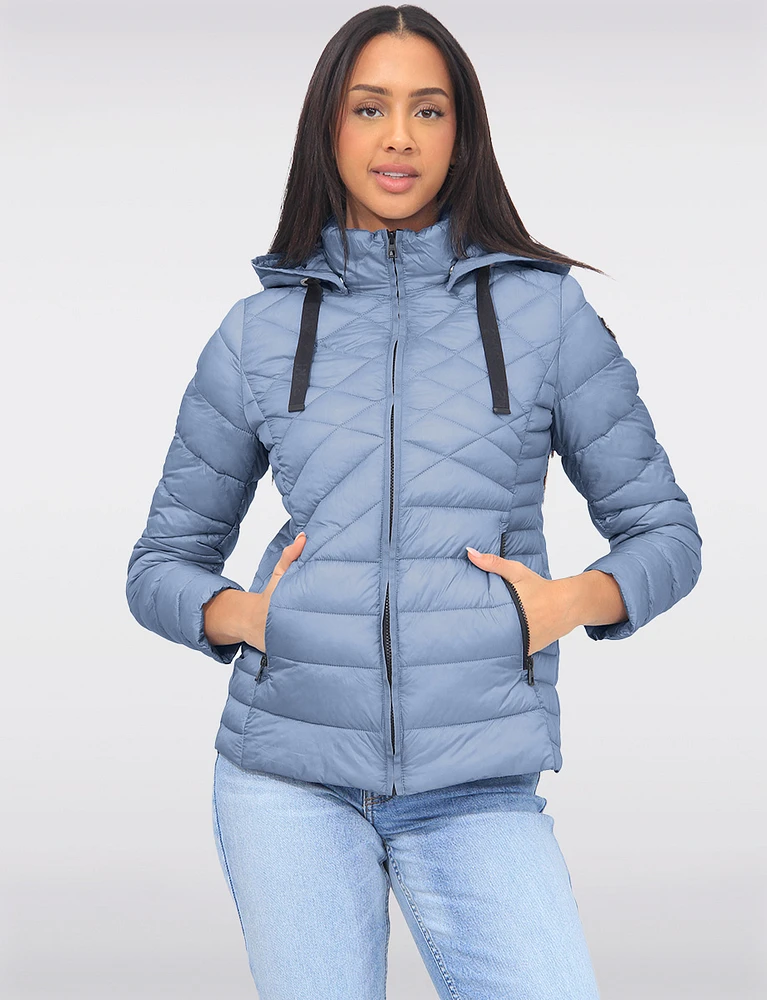 Vegan Slim Fit Lightweight Multi-Quilt Design Short Hooded Puffer Jacket by Saki