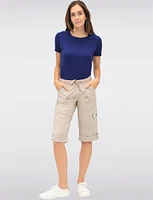 Suzanne Stretchy Cargo Capris With Button for Adjustable Length by Dash Clothing