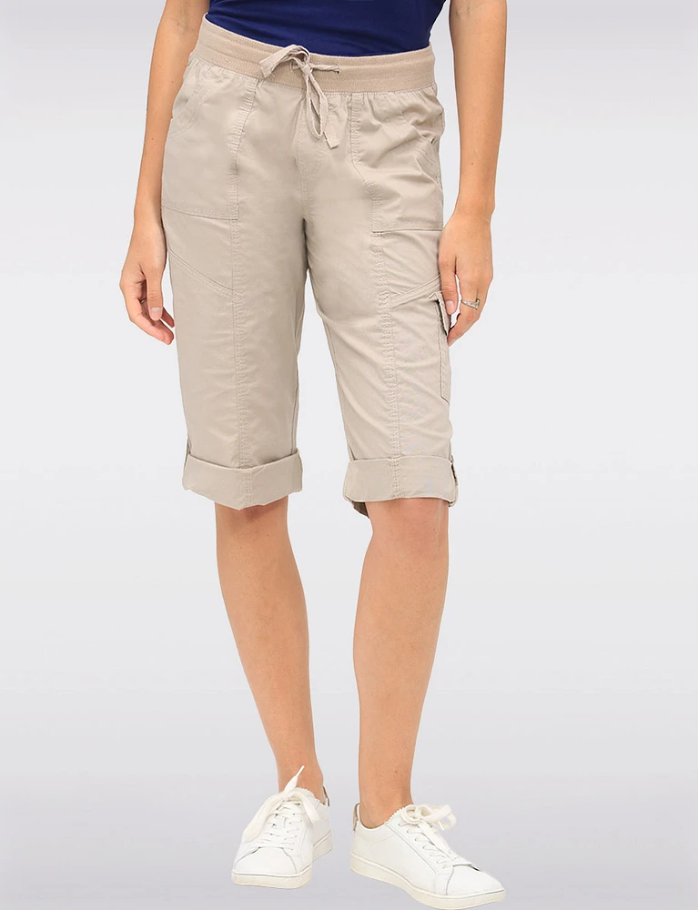 Suzanne Stretchy Cargo Capris With Button for Adjustable Length by Dash Clothing