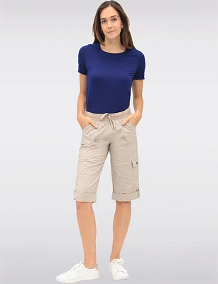 Suzanne Stretchy Cargo Capris With Button for Adjustable Length by Dash Clothing
