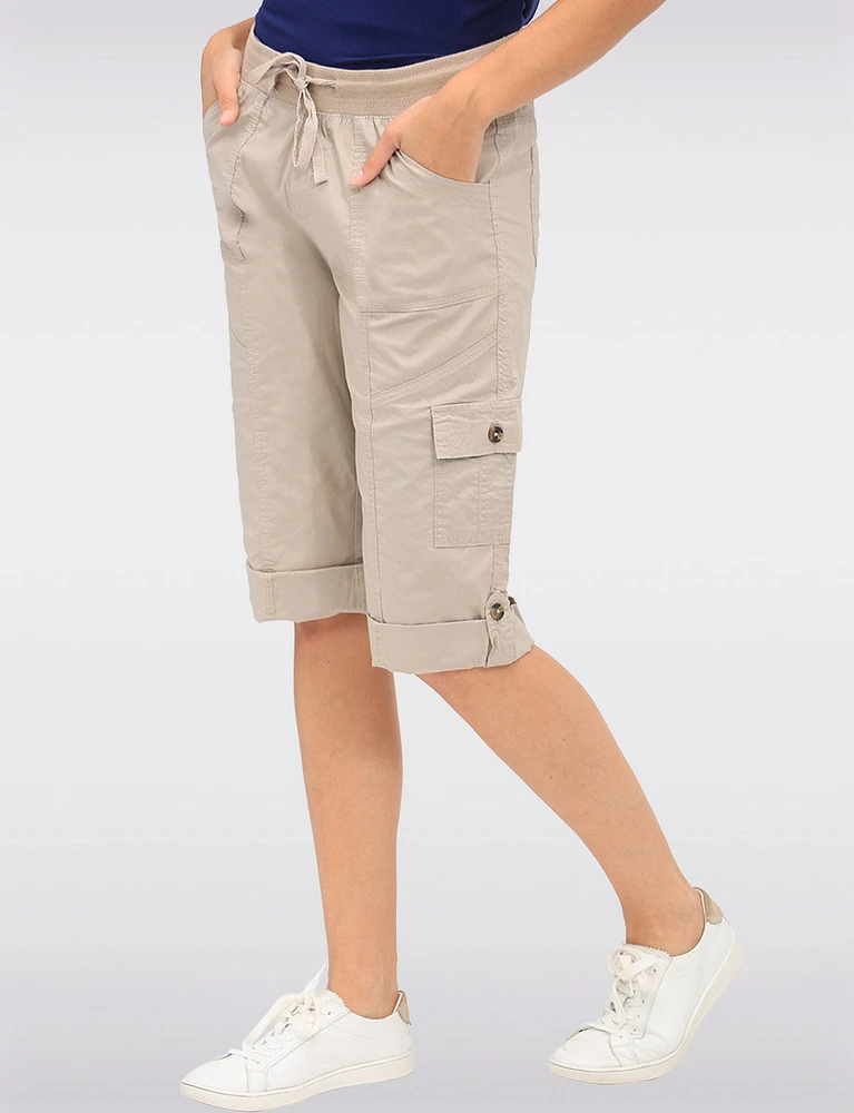 Suzanne Stretchy Cargo Capris With Button for Adjustable Length by Dash Clothing
