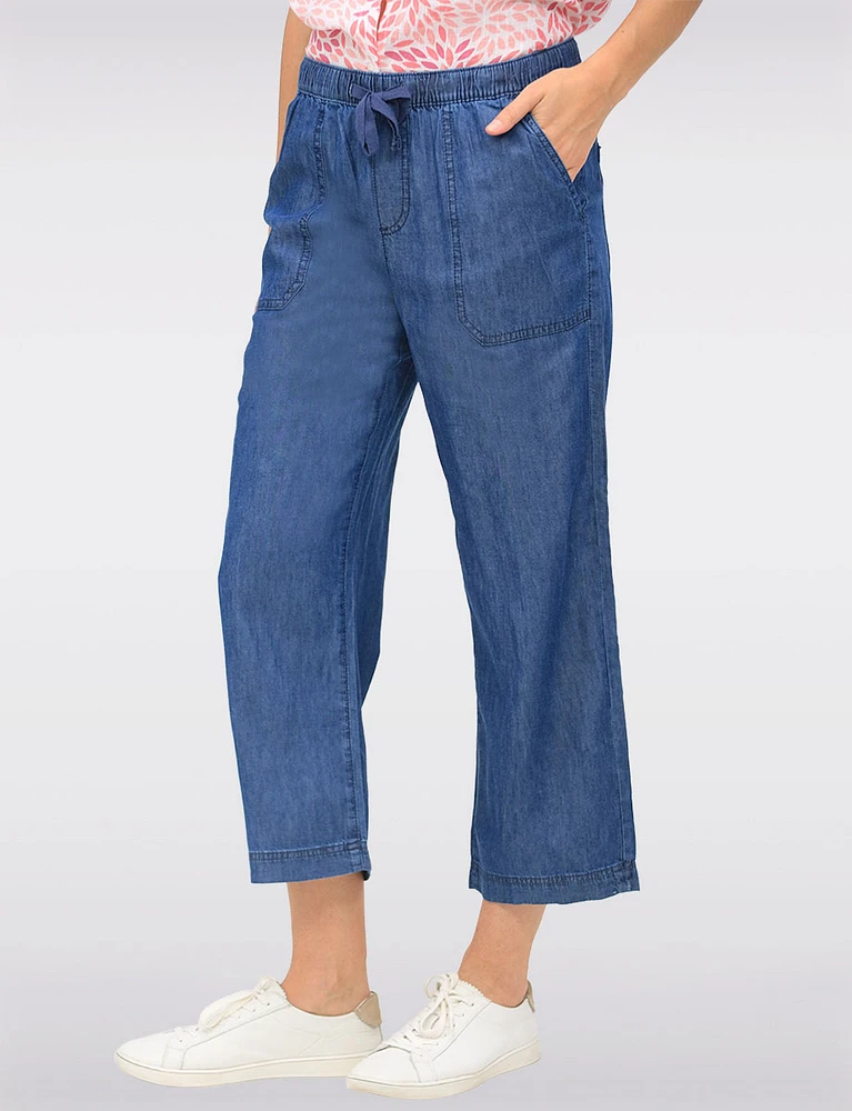 Pull-on Drawstring Waist Cotton Blend Wide Leg Capris With Pockets By Dash