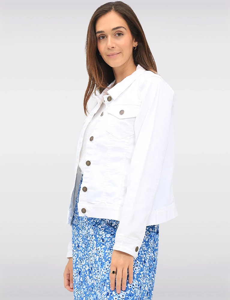 Classic White Cotton Blend Stretch Trucker Jacket with Flap Pockets by Dash