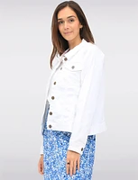 Classic White Cotton Blend Stretch Trucker Jacket with Flap Pockets by Dash