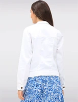 Classic White Cotton Blend Stretch Trucker Jacket with Flap Pockets by Dash