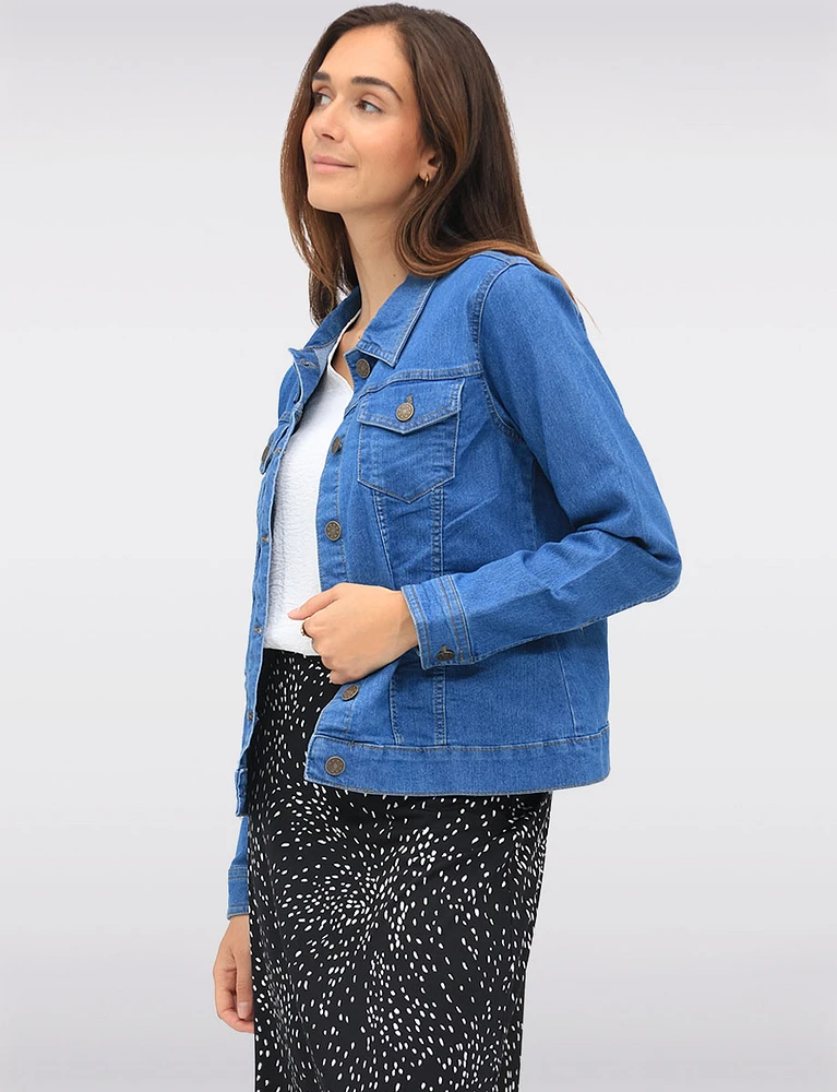 Classic Medium-Wash Cotton-Blend Stretch Jacket with Flap Pockets by Dash