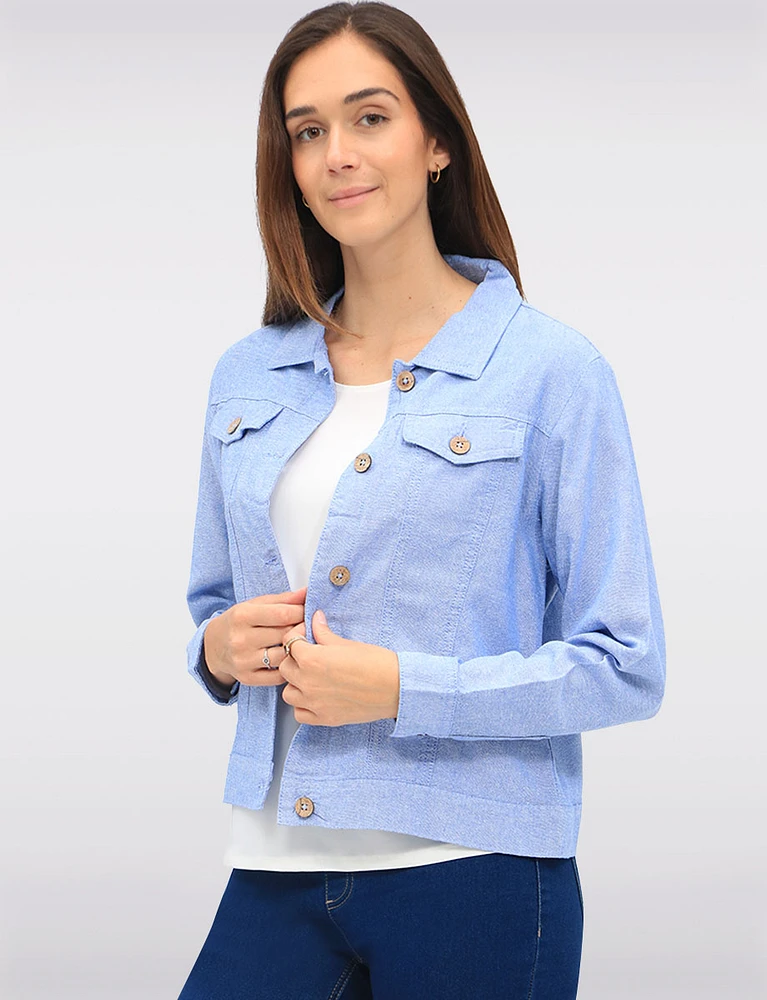 Linen-Blend Cropped Button-Down Jacket with Chest Pockets & Shirt Collar by Dash