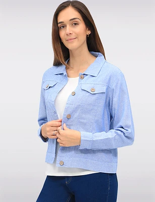 Linen-Blend Cropped Button-Down Jacket with Chest Pockets & Shirt Collar by Dash