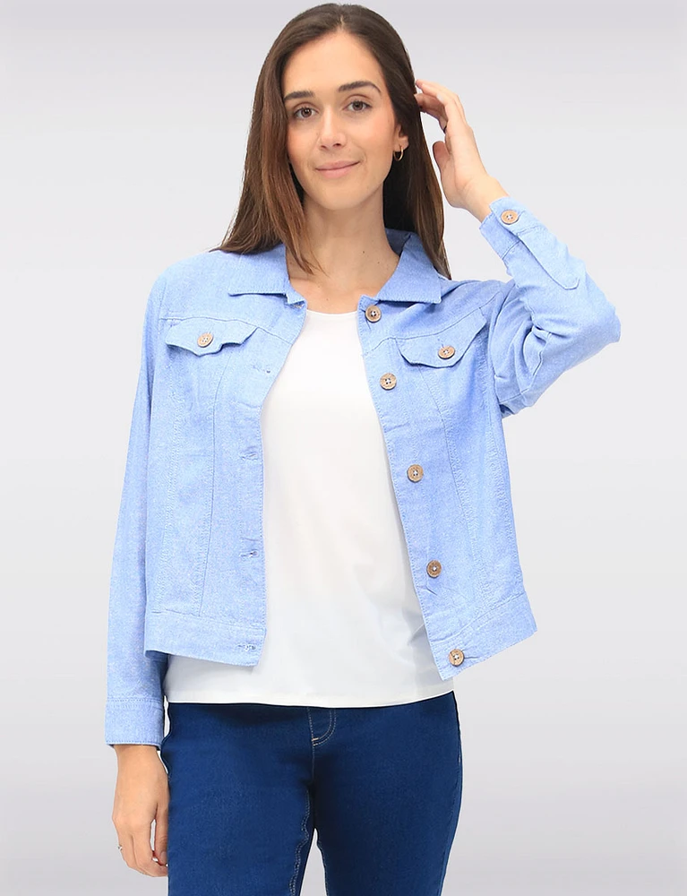 Linen-Blend Cropped Button-Down Jacket with Chest Pockets & Shirt Collar by Dash