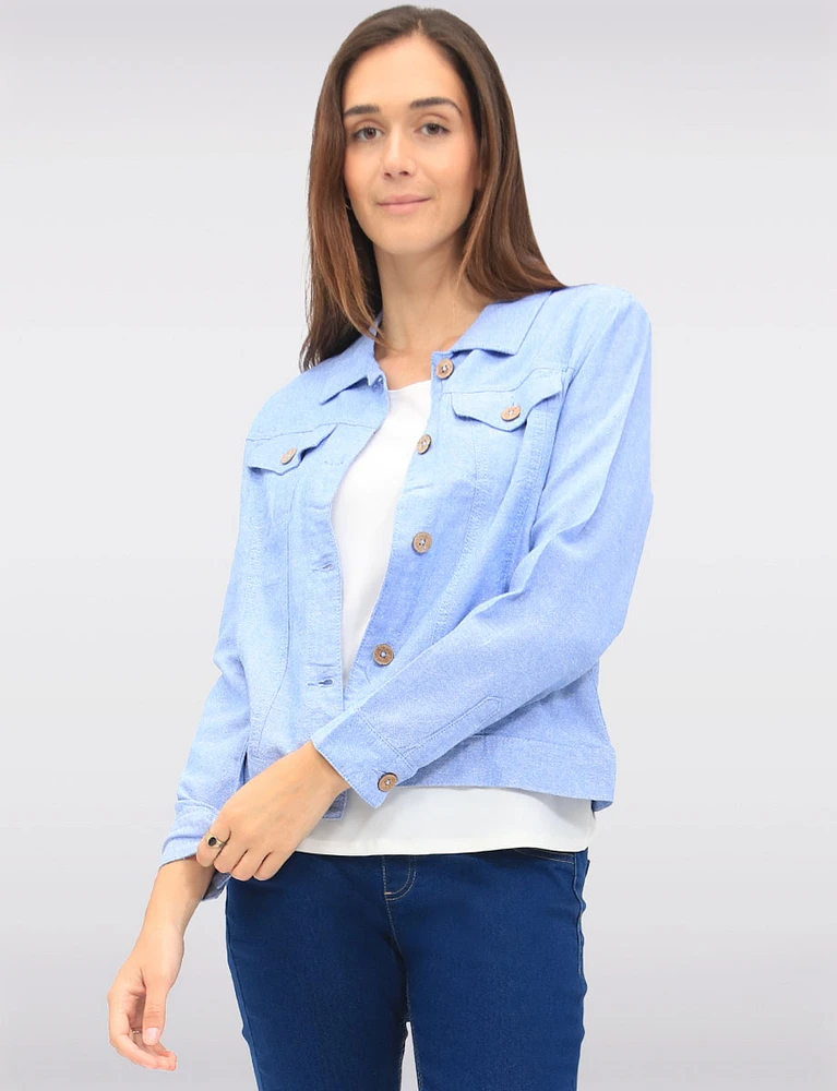 Linen-Blend Cropped Button-Down Jacket with Chest Pockets & Shirt Collar by Dash