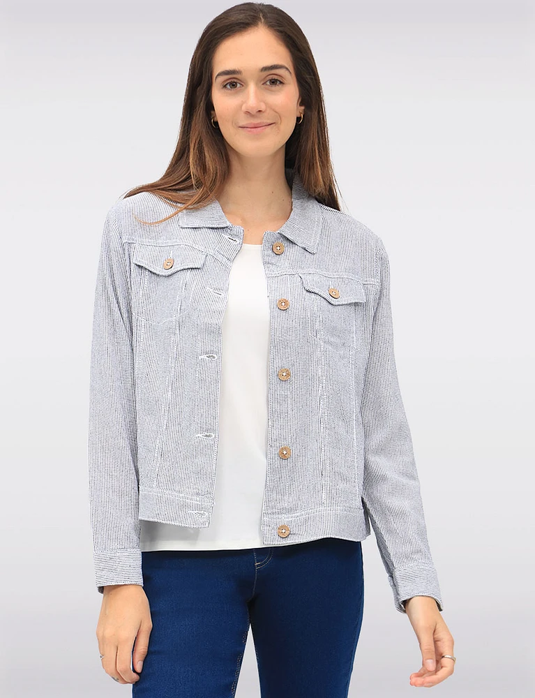 Stylish Striped Linen-Blend Collared Jacket with Chest Pockets by Dash Clothing