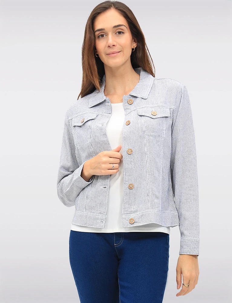 Stylish Striped Linen-Blend Collared Jacket with Chest Pockets by Dash Clothing