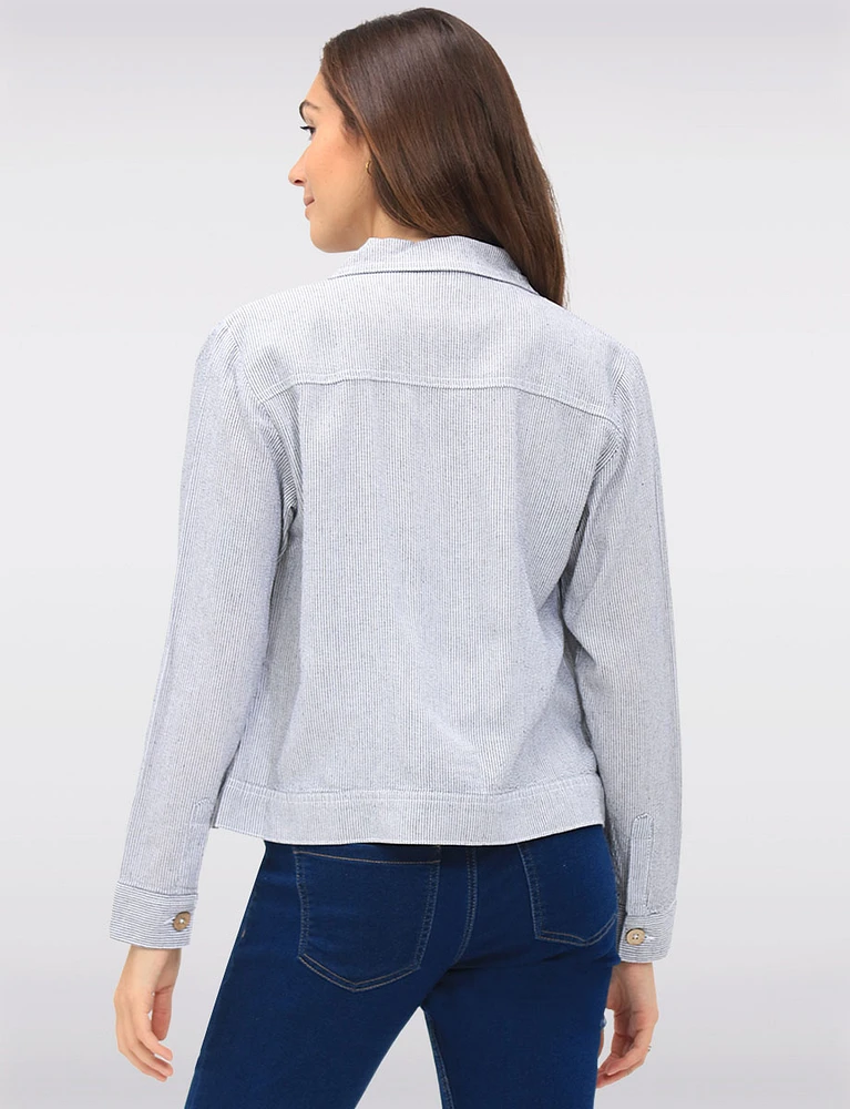 Stylish Striped Linen-Blend Collared Jacket with Chest Pockets by Dash Clothing